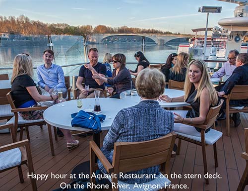 Happy hour at the Aqavit Restaurant on the stern dec